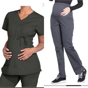 3 Large Pewter Cherokee Maternity Straight Leg Scrub Pants & Mock Wrap Tops